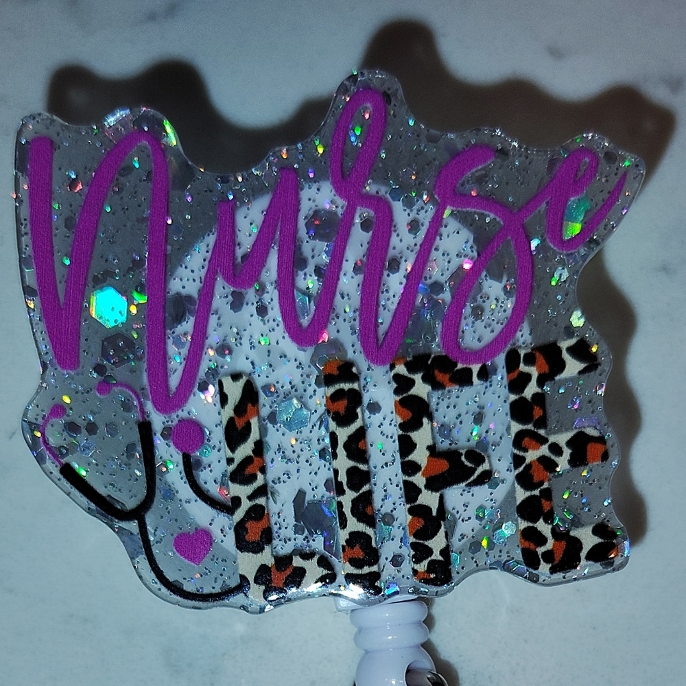 Glittery Badge Reel with Leopard Print and Purple Accents
